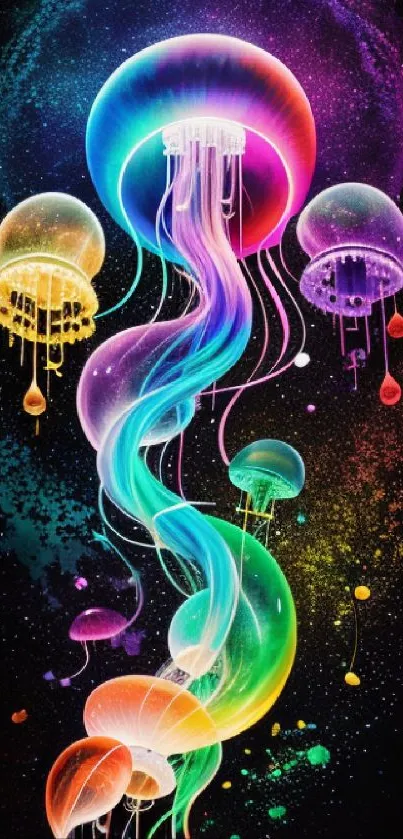 Vibrant neon jellyfish with colorful streams on dark background.