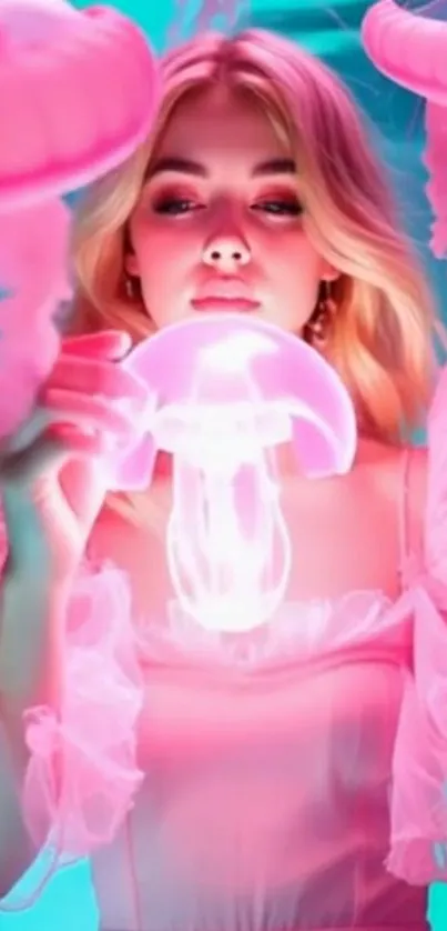 Woman surrounded by glowing pink jellyfish in neon.