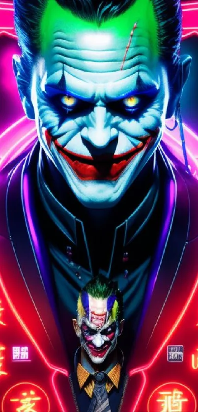 Neon Joker artwork with cyberpunk design, perfect for vibrant mobile wallpaper.