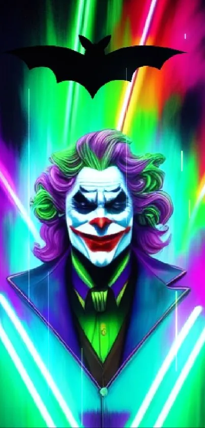 Neon Joker art with a colorful, glowing background and bat silhouette.