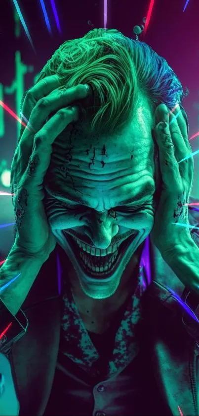 Neon Joker artwork with intense expression and vibrant colors.