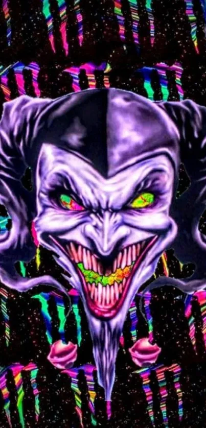 Vibrant neon joker wallpaper with psychedelic colors.