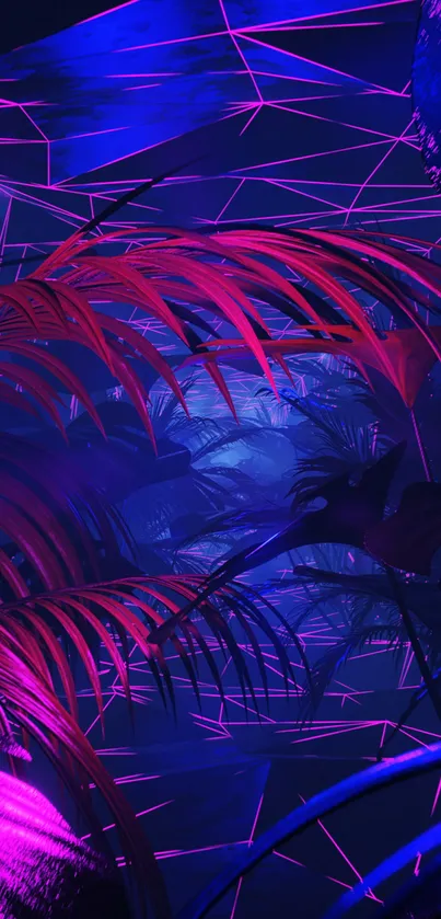 Vibrant blue and pink neon jungle wallpaper.