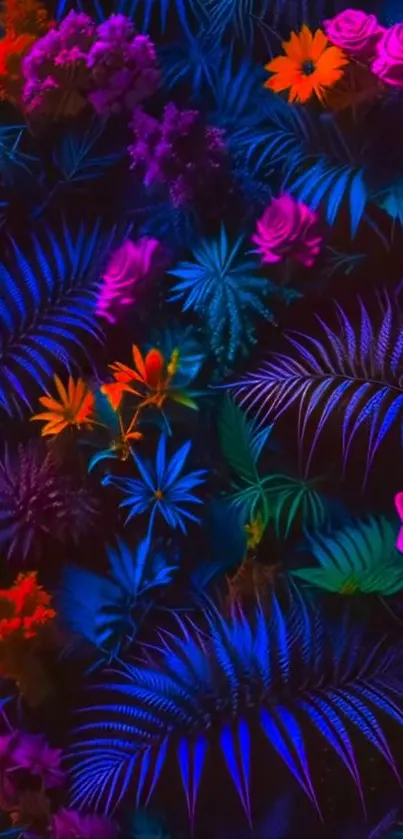 Vibrant neon jungle wallpaper with colorful foliage.