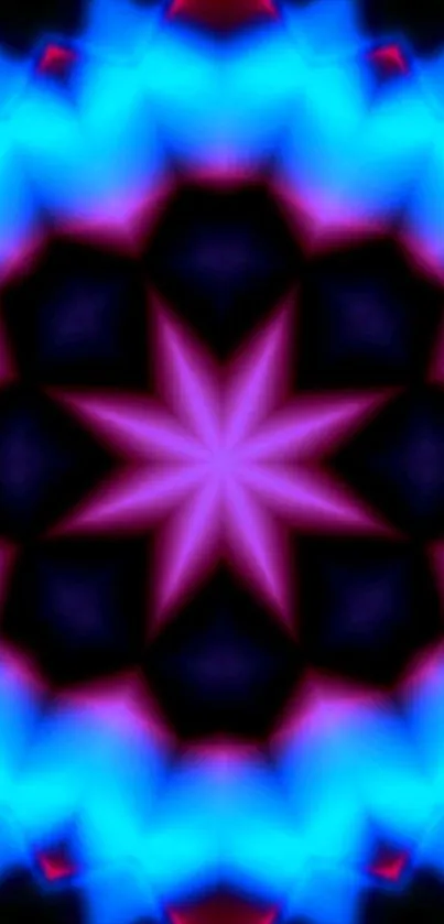 Vibrant neon kaleidoscope wallpaper with pink and blue star patterns.