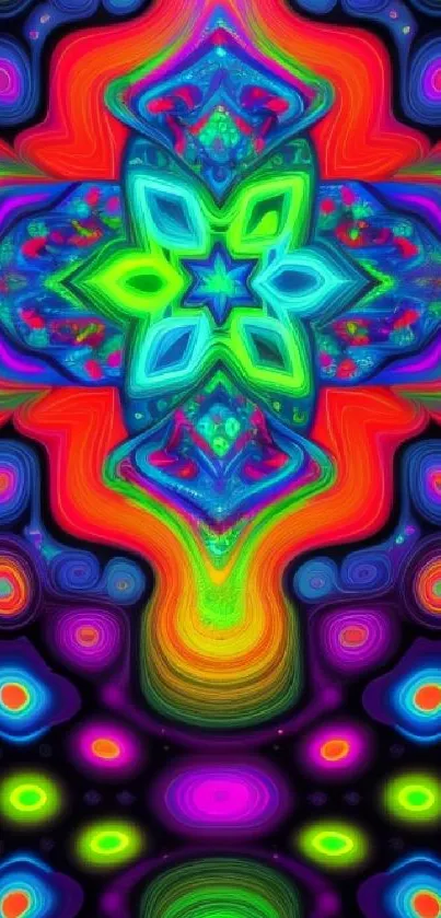 Vibrant neon kaleidoscope wallpaper with psychedelic patterns.