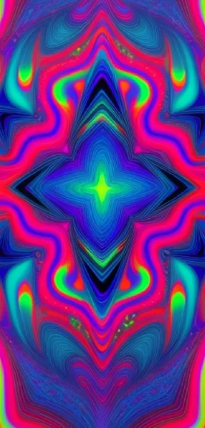 Vibrant neon kaleidoscope wallpaper design with psychedelic patterns.