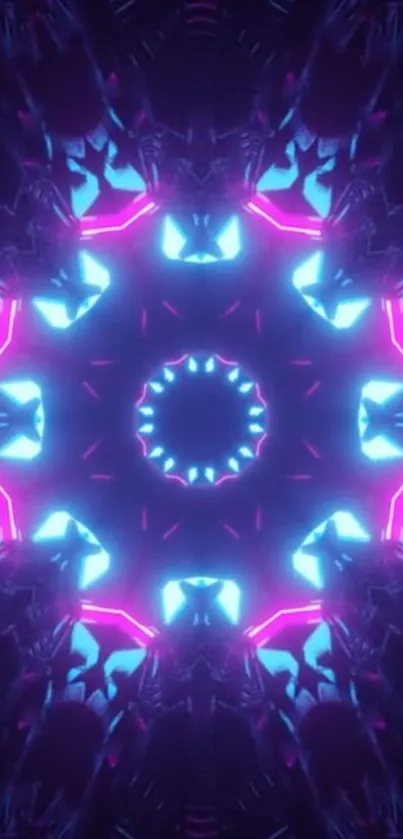 Neon kaleidoscope wallpaper with vibrant blue and pink patterns for phone.