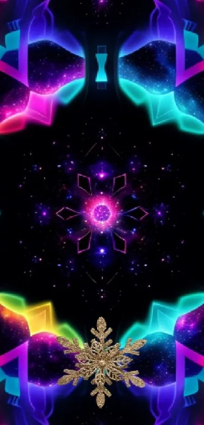 Vibrant neon kaleidoscope wallpaper with abstract cosmic patterns.