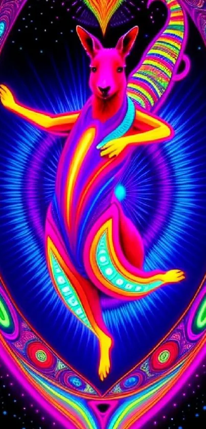 Vibrant neon kangaroo wallpaper with psychedelic design and vivid colors.