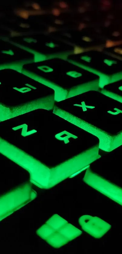 Neon keyboard with glowing green and red keys, perfect for gaming wallpapers.