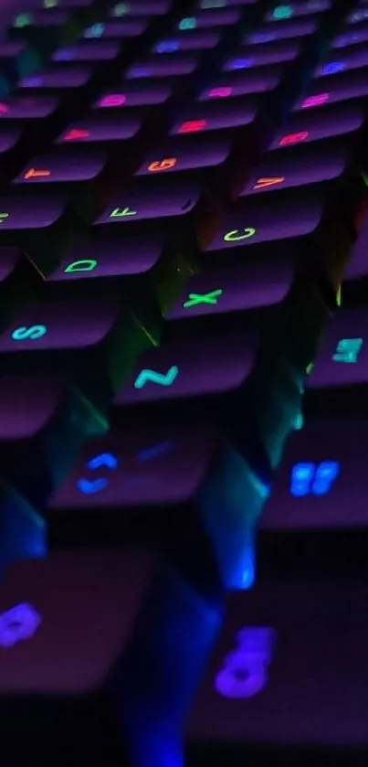 Futuristic neon keyboard with glowing keys in vibrant colors against a dark backdrop.