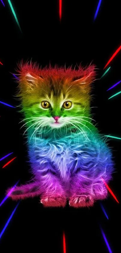 Neon rainbow kitten on black background wallpaper.