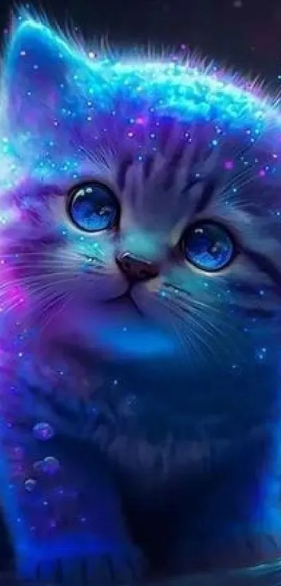 Neon blue kitten surrounded by colorful bubbles on a mobile wallpaper.