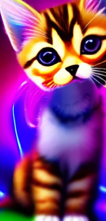 Vibrant neon-colored kitten art with glowing background hues.