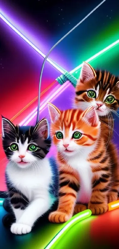 Vibrant neon kittens with glowing lights.