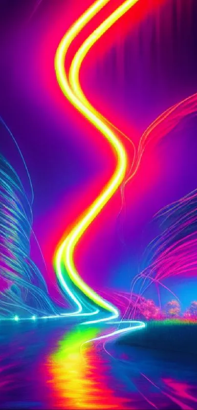 Vibrant neon landscape with glowing abstract river and colorful sky.