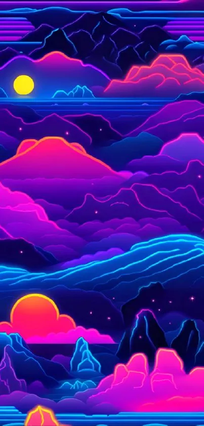 Vibrant neon mountains and sunset wallpaper.