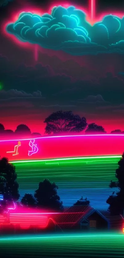 Vibrant neon landscape with glowing clouds and trees, perfect for mobile wallpaper.