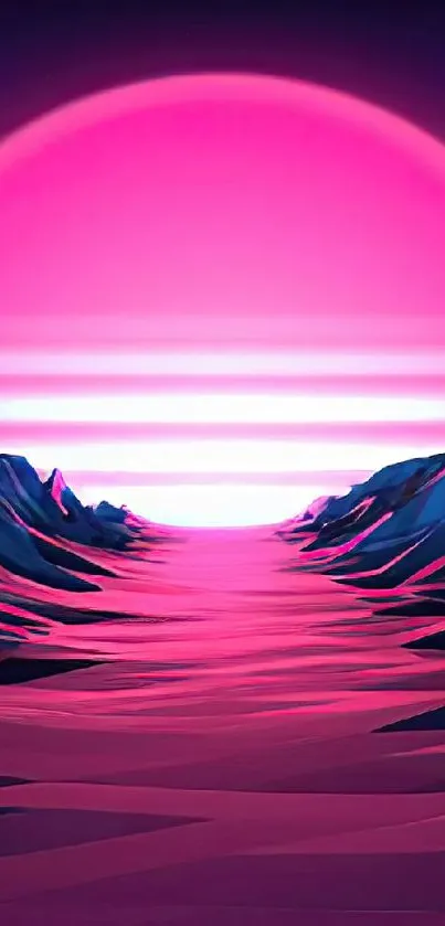 Vibrant neon sunset landscape with futuristic design in shades of hot pink and blue.