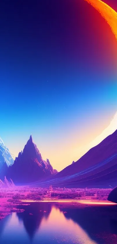 Futuristic neon landscape wallpaper with vibrant sunset and reflective lake.