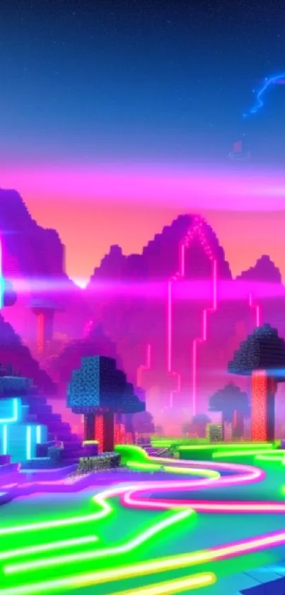 Vibrant neon pixel art wallpaper with glowing trails and mountains.