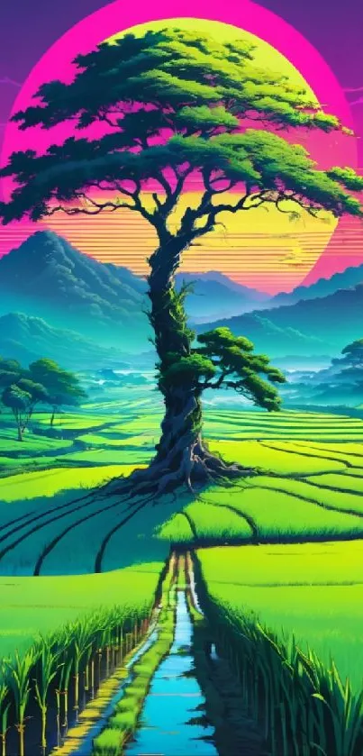 Neon landscape with lone tree and sunset in vibrant colors.