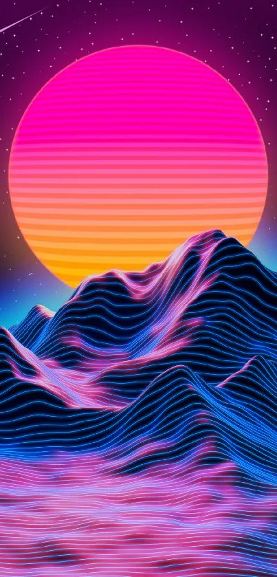 Neon landscape with vibrant sunset and mountains in vivid colors.