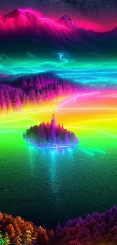 Vivid neon landscape wallpaper with colorful glowing forest and serene lake.