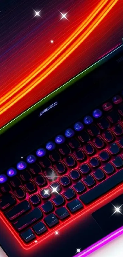 Vibrant neon laptop with glowing red and orange keyboard.