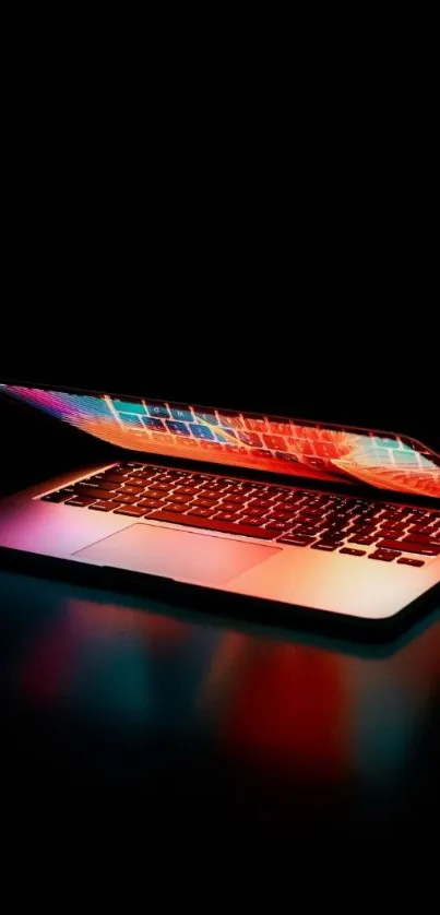 Open laptop with vibrant neon colors on a dark background.