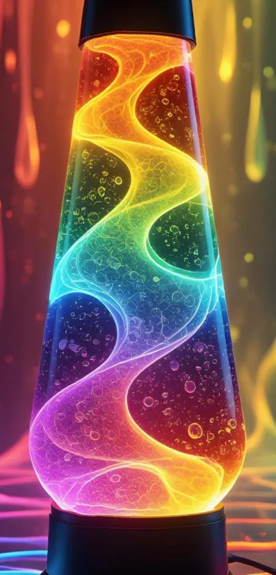Vibrant neon lava lamp with colorful swirls.