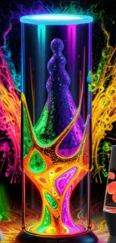 Vibrant neon-themed wallpaper with colorful lava lamps.