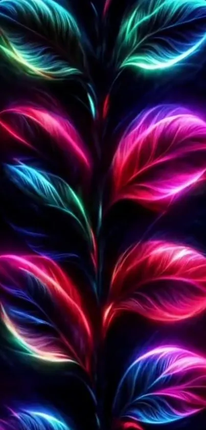 Vibrant neon leaves against a dark background creating a modern wall art.