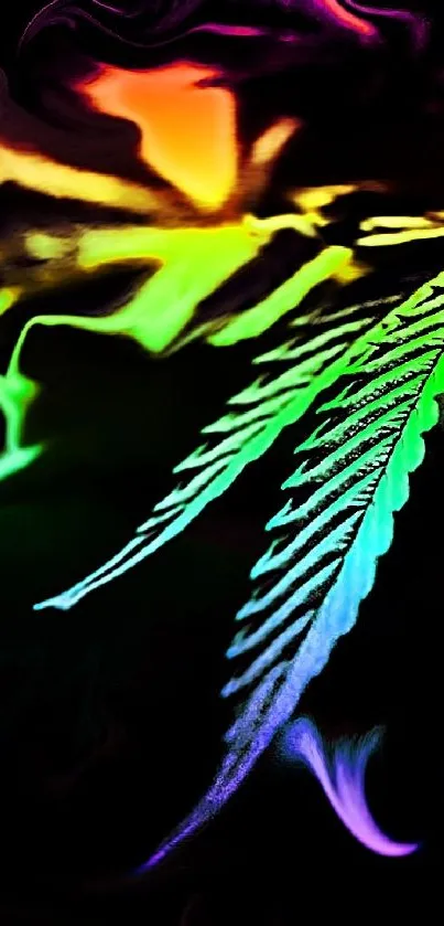 Vibrant neon leaf on black background in abstract art style.