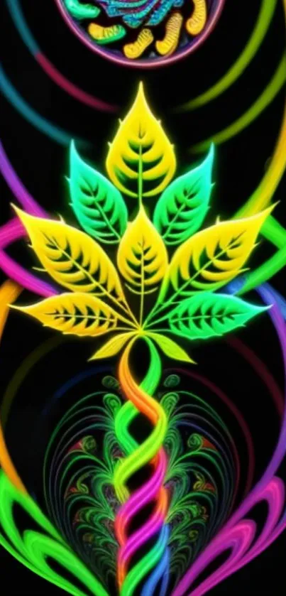 Vibrant neon leaf art with colorful patterns on black background.