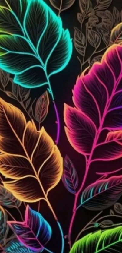 Vibrant neon leaves in glowing colors on a black background.