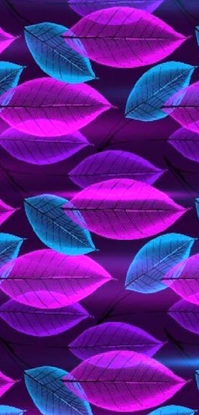 Colorful neon leaves with vibrant purple and blue hues for mobile wallpaper.