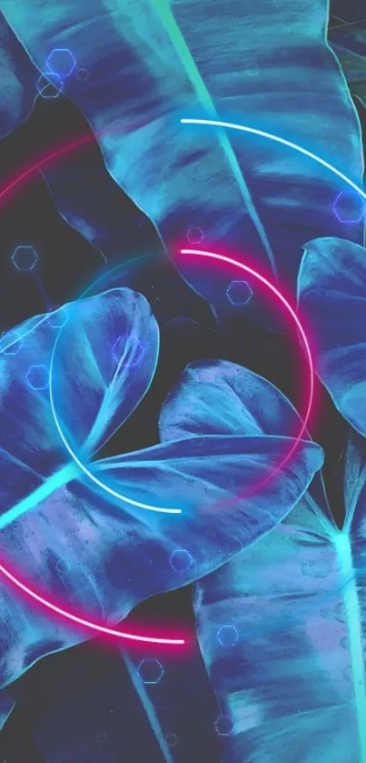 Vibrant neon wallpaper with glowing leaf patterns and bright circles.