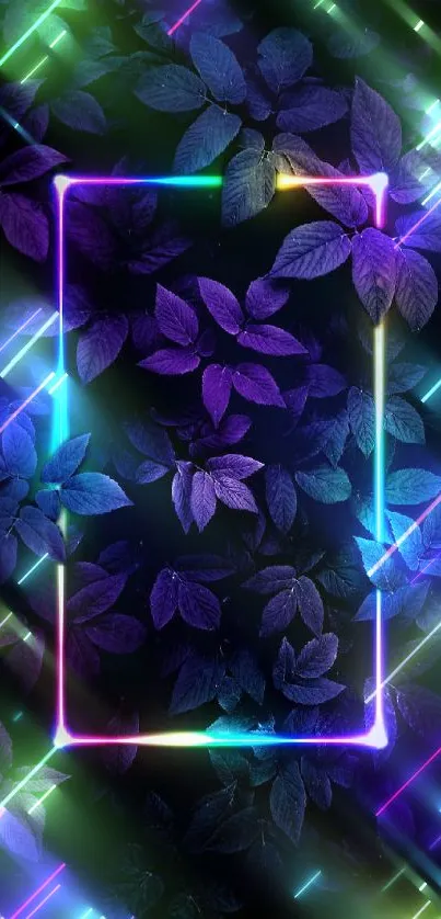 Vibrant neon leaves wallpaper with glowing frame.