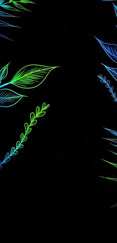 Vibrant neon leaves on a black background, perfect for a modern mobile wallpaper.