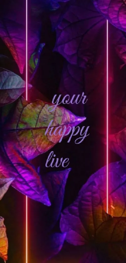 Vibrant neon leaf wallpaper with glowing lines and inspirational text.