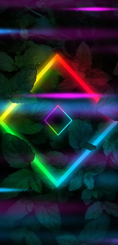 Vibrant neon geometric shape overlaying dark green leaves.