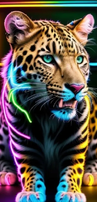 Neon leopard art with vibrant colors and a glowing effect on black background.