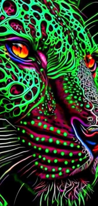 Vibrant neon leopard digital artwork with bold green and pink hues.