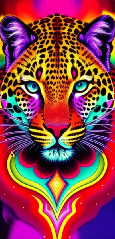 Vibrant neon leopard with psychedelic colors for wallpaper.