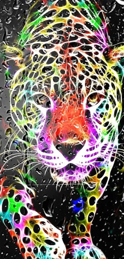 Colorful neon leopard with raindrop details in a vibrant mobile wallpaper.