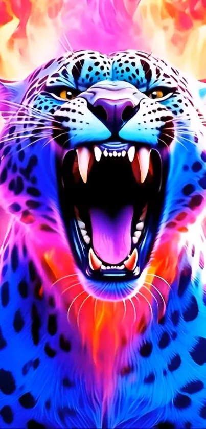 Neon leopard with colorful flames background.