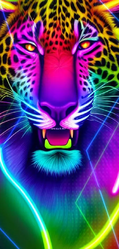 Vibrant neon leopard art with bold colors.