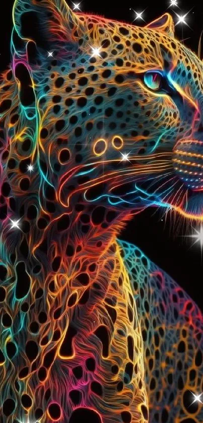 Colorful neon leopard on dark background exhibiting vibrant design.